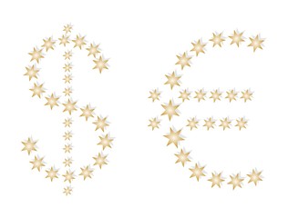 US dollar sign and euro european composed of gold stars with shadows on a white background