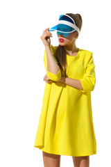 Fashion Model Posing In Transparent Blue Sun Visor