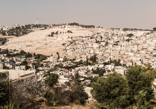 Panorama overlooking the Old City of Jerusalem, Israel, includin