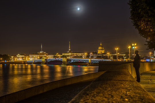 Admiralty, Saint Isaac's Cathedral and Palace Bridge at night