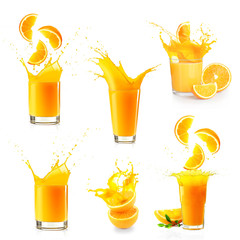 Collage of orange juice splashes isolated on white