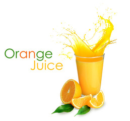Orange juice with splashes isolated on white