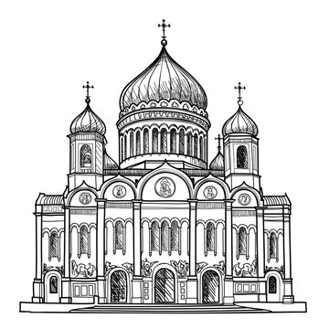 Cathedral of Christ the Savior in Moscow, Russia. Famous building isolated on white background. Sketch Vector illustration.