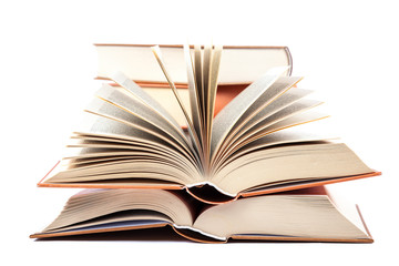 Stack of books on a white background.