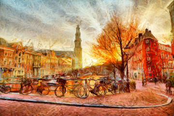 Amsterdam canal at evening impressionistic painting © ivan604