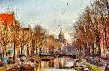Plakaty  Kanał amsterdamski w porannym malowaniu impresjonistycznym