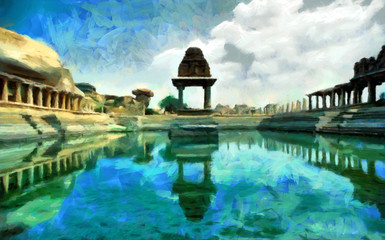 Hampi ancient temple reflected in pond water painting