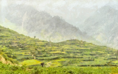 Senior man carrying big basket among green terraced fields illustration