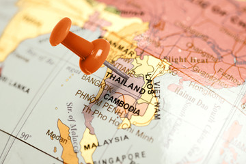 Fototapeta premium Location Thailand. Red pin on the map.