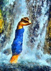 Young girl standing under waterfall stream shower in blue dress oil painting