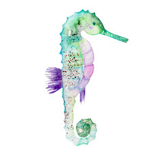Illustration of isolated green seahorse painted in watercolor on a white background © nastyasklyarova