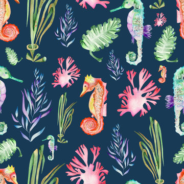 Seamless pattern with multicolored seahorses and seaweed (algae) painted in watercolor on a dark blue background