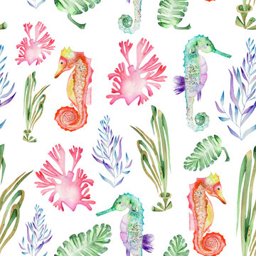 Seamless pattern with multicolored seahorses and seaweed (algae) painted in watercolor on a white background