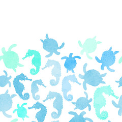 vector seamless pattern with ocean animal sea Horse, turtle