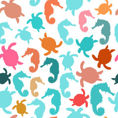 vector seamless pattern with ocean animal sea Horse, turtle, coral.