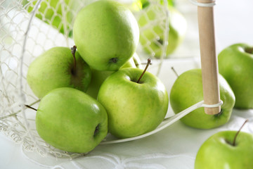 Green apples on windowsill, closeup