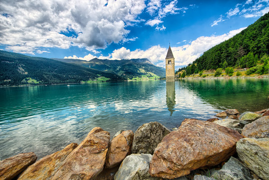 Bell tower of the Reschensee (Resia) South Tyrol Italy