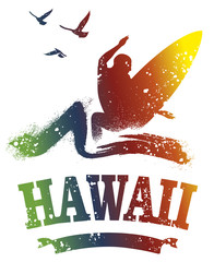 colorful stencil hawaiian surf scene with surfer jumping