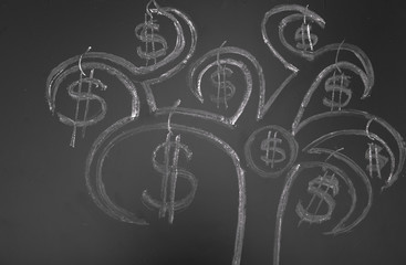 Chalk money tree drawing on blackboard background