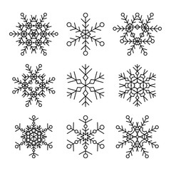 Set of nine vector simple linear snowflakes icons. Hipster black and white design elements. Holiday flat illustration.