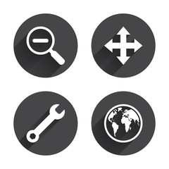 Magnifier glass and globe signs. Fullscreen.
