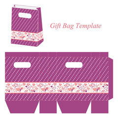 Purple bag template with hearts and dots