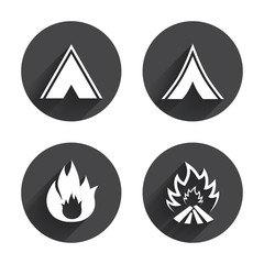 Tourist camping tent signs. Fire flame icons.