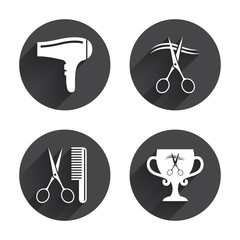 Hairdresser icons. Scissors cut hair symbol.