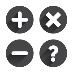 Plus and minus icons. Question FAQ symbol.