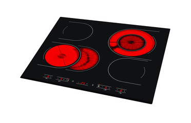 Electric hob with ceramic surface and touch control panel isolated on white.