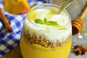 Pumpkin smoothie with granola and yogurt.