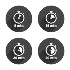 Timer icons. Five minutes stopwatch symbol.