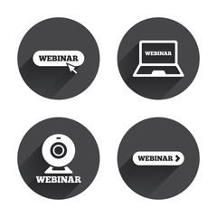 Webinar icons. Web camera and notebook pc signs.