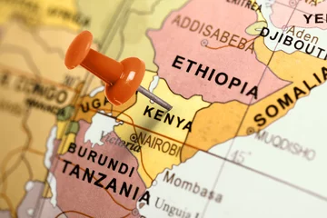 Foto auf Acrylglas Afrika Standort Kenia. Roter Stift auf der Karte.