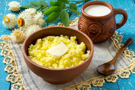 The Traditional Russian Breakfast - Millet Porridge With Milk