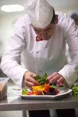 chef in hotel kitchen preparing and decorating food