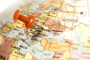 Location Romania. Red pin on the map. - obrazy, fototapety, plakaty