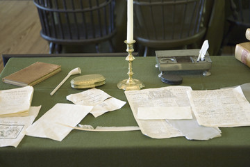 Restored Assembly Room displaying 18th century papers in Independence Hall, Philadelphia,...