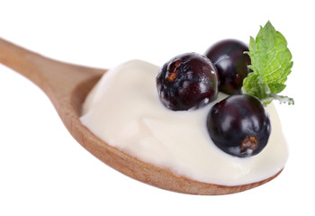 Delicious yogurt in spoon with blackcurrants and mint isolated on white