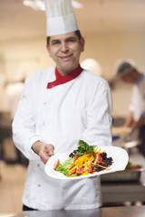 chef in hotel kitchen preparing and decorating food