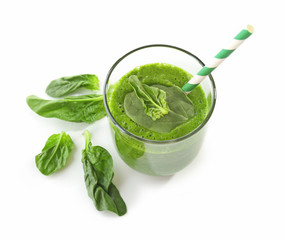 Glass of spinach juice isolated on white