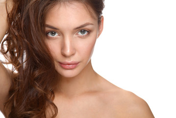 Obraz premium Close up portrait of beautiful young woman face. Isolated on