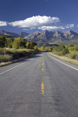 Fototapeta na wymiar Route 62 on clear sunny autumn day, the road to Telluride Colorado from Ridgeway, Southwestern Colorado