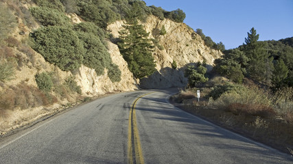 Yellow stripes on highway 33 going to Ojai California in Las Padres National Forest