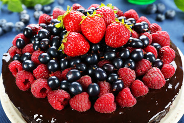 Delicious chocolate cake with summer berries, closeup