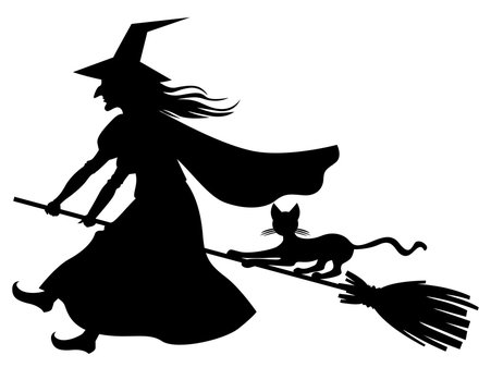 Witch and cat flying on broom