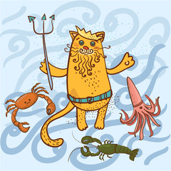 colored Neptune cat and  crab, squid, lobster vector illustratio © snoosmoo