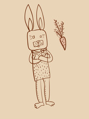 smart rabbit and carrot outline drawing