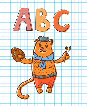 Artist cat with ABC on notepad sheet