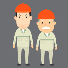 Young man and old man engineer cartoon character